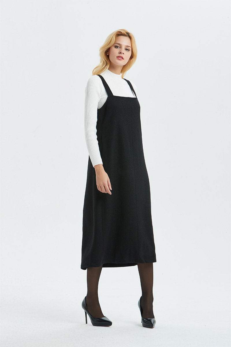 Long black dress, wool sleeveless dress- pinafore wool dress for women, midi loose & pleated dress-winter fashion dress, C1300