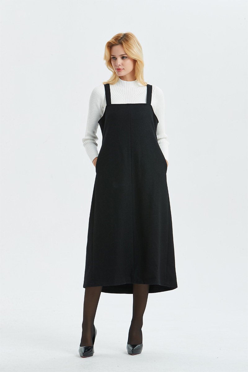 Black Wool Midi Pinafore Dress - Sleeveless Loose Fit with Pleated Back C1300 - Black / S Black Wool Midi Pinafore Dress - Sleeveless Loose Fit with Pleated Back C1300 - Black / S