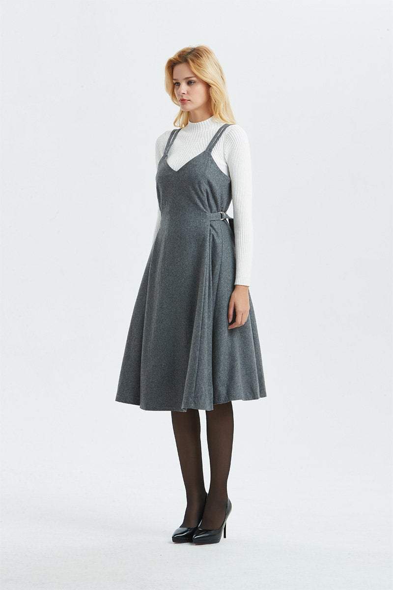 Gray wool dress, pinafore dress for women- midi length dress, casual & fit dress, adjustable pleated dress- fashion wool dress C1299