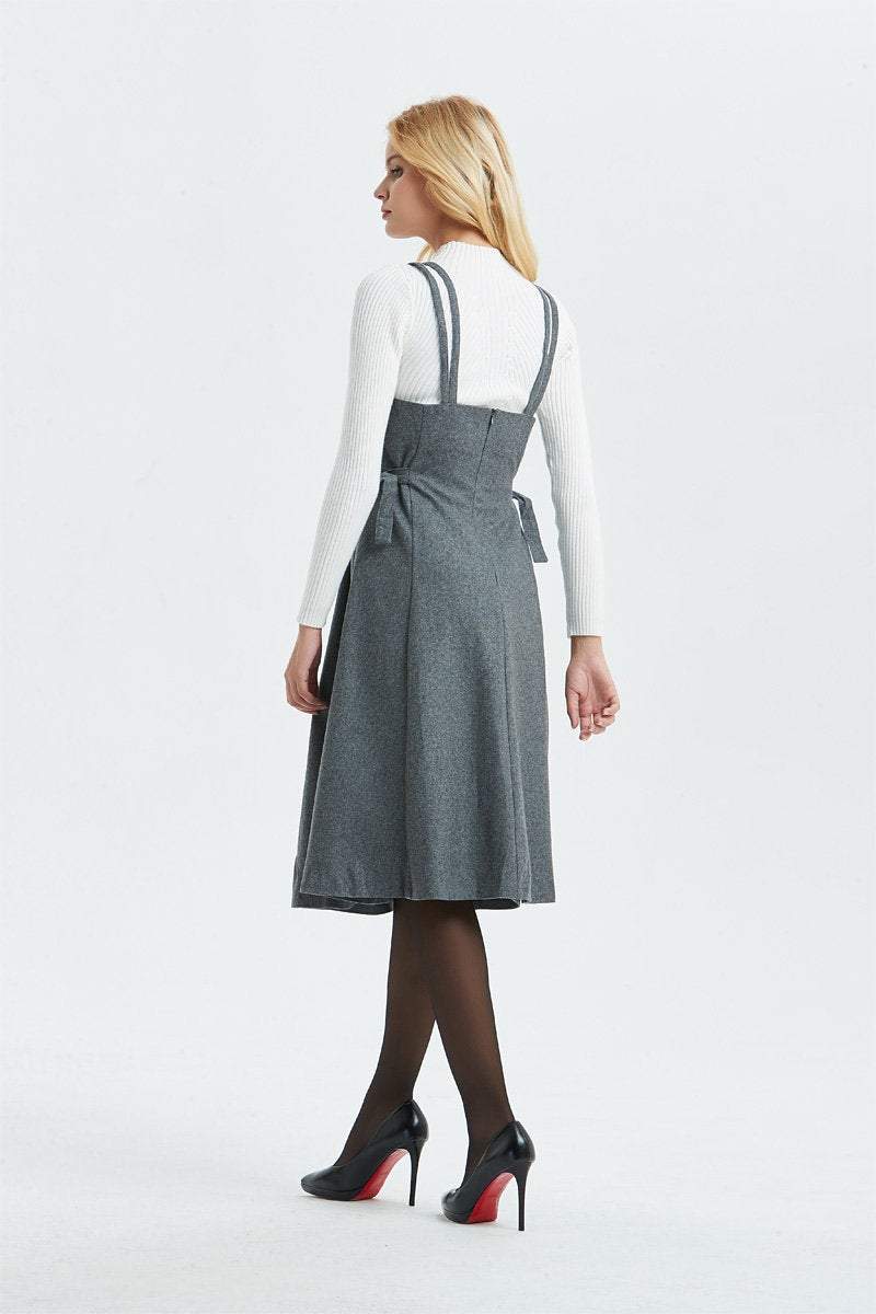 Gray wool dress, pinafore dress for women- midi length dress, casual & fit dress, adjustable pleated dress- fashion wool dress C1299