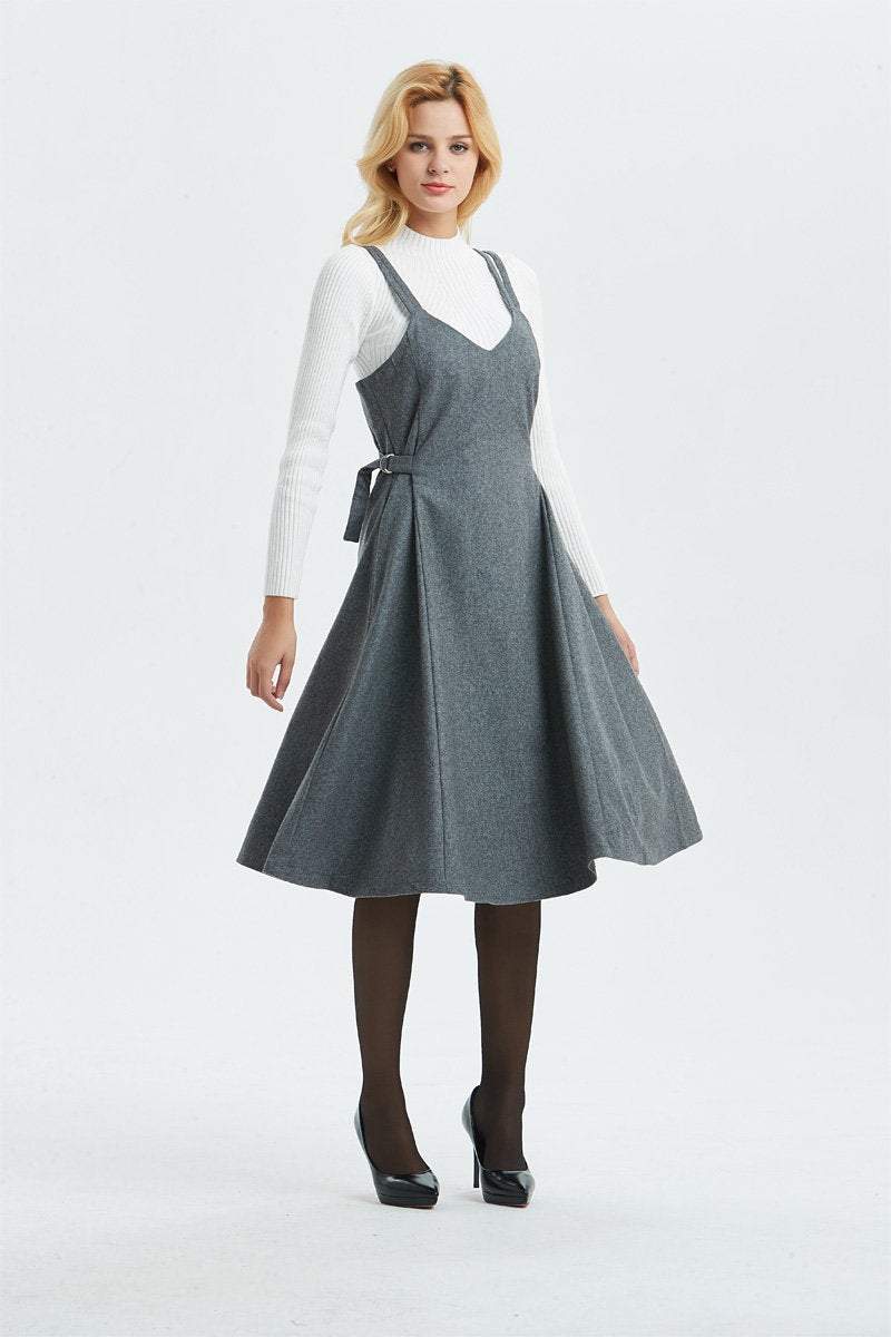 Gray wool dress, pinafore dress for women- midi length dress, casual & fit dress, adjustable pleated dress- fashion wool dress C1299
