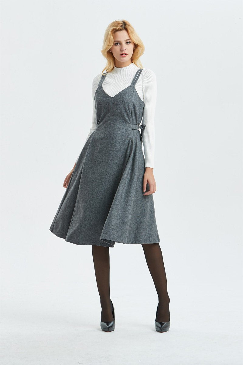 Gray wool dress, pinafore dress for women- midi length dress, casual & fit dress, adjustable pleated dress- fashion wool dress C1299