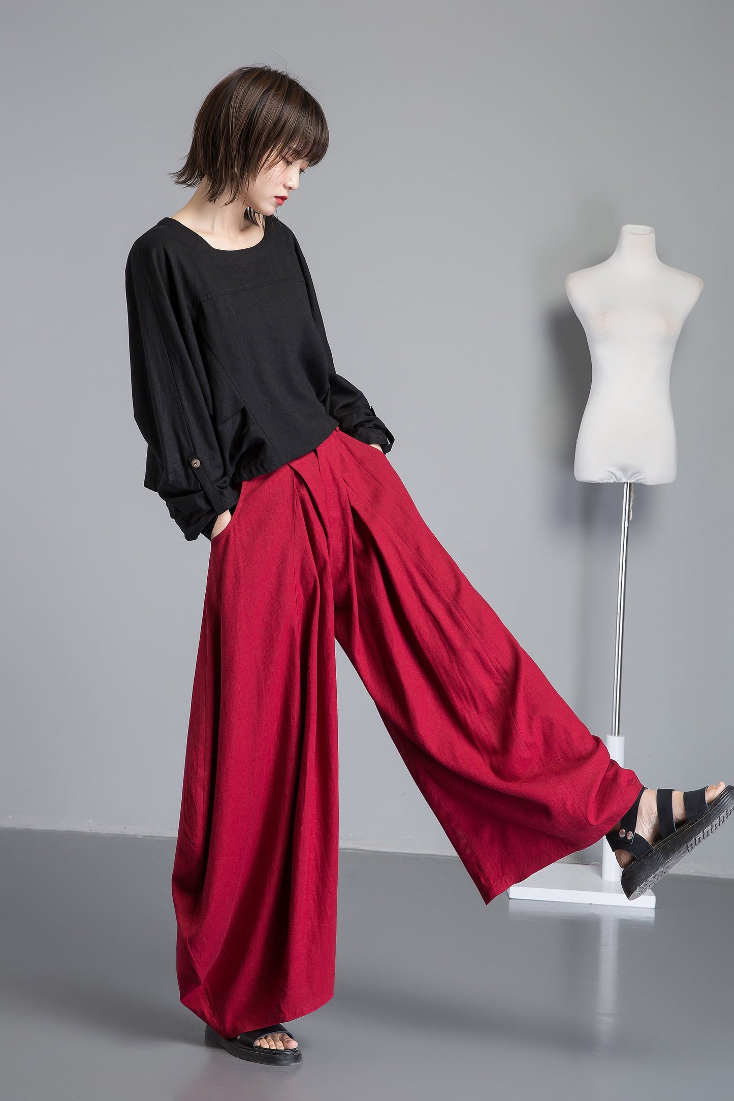 Red linen pants, long linen pants with pockets, handmade fashion wide leg pants, loose and casual pants for elegant women C1261