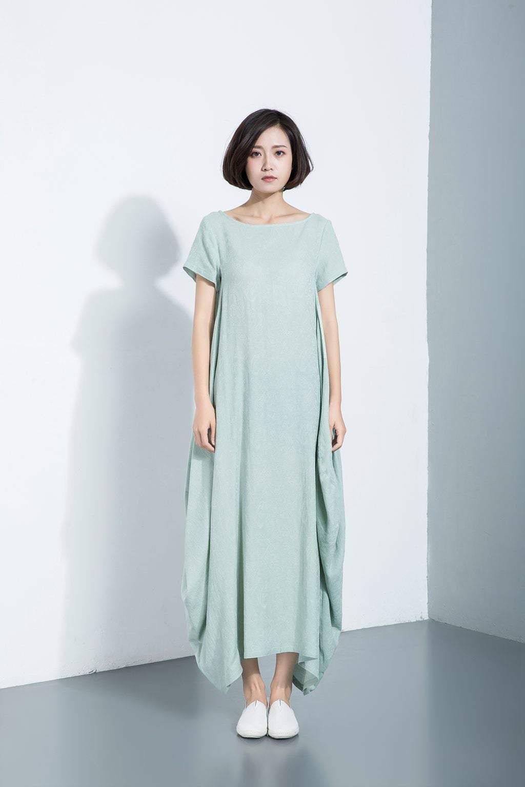 Long cotton dress, short sleeve dress, loose-fitting dress, asymmetrical designer dress, dress with pockets, casual dress C1114