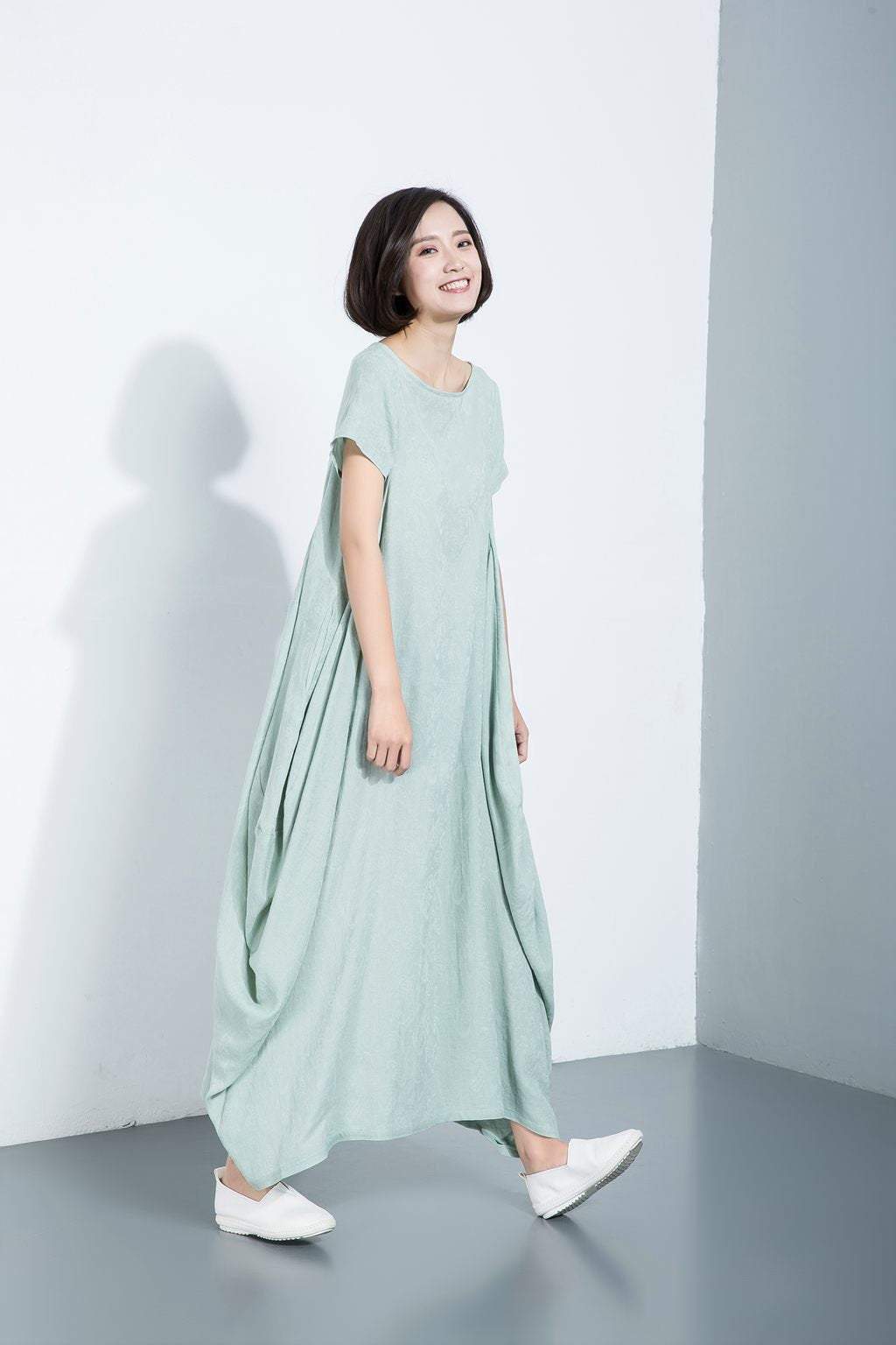 Long cotton dress, short sleeve dress, loose-fitting dress, asymmetrical designer dress, dress with pockets, casual dress C1114