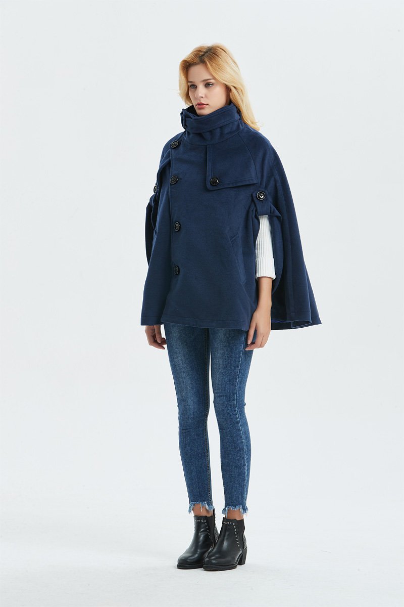 Blue winter wool cape coat women C1319