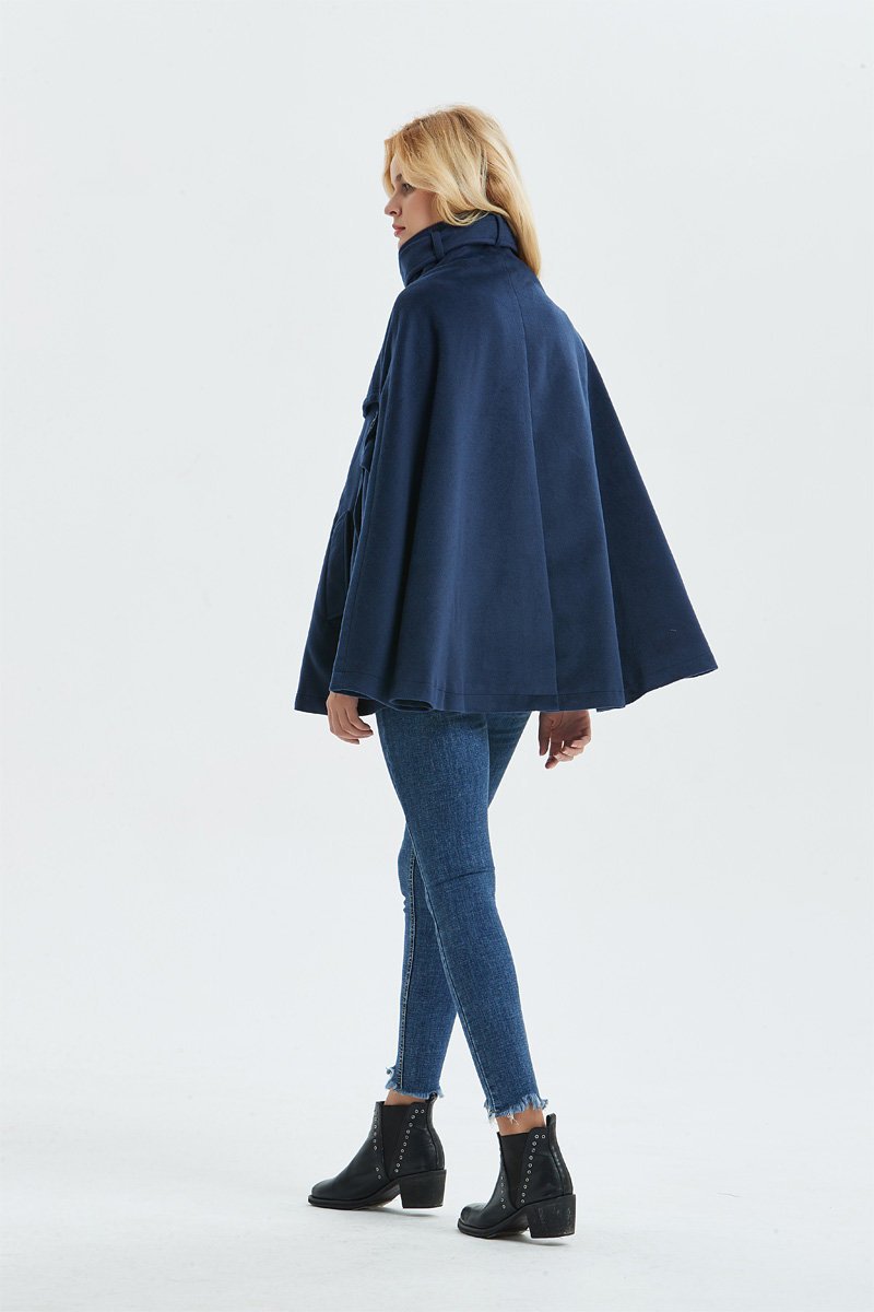 Blue winter wool cape coat women C1319