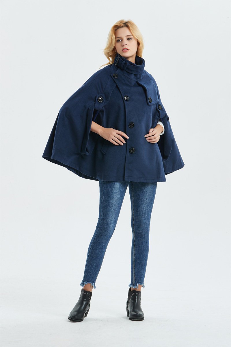 Blue winter wool cape coat women C1319
