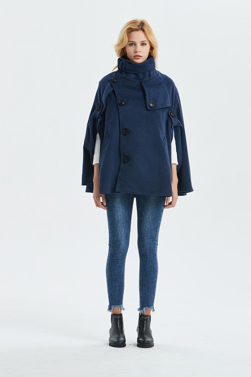 Blue winter wool cape coat women C1319