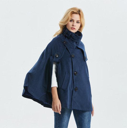 Blue winter wool cape coat women C1319