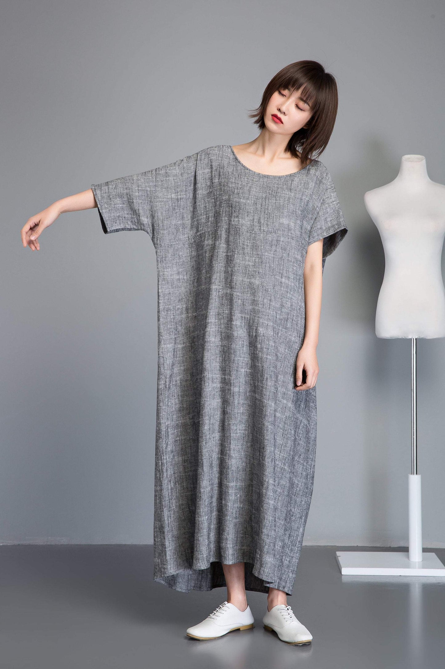 Linen dress, gray maxi dress, short sleeve dress, plus size dress, oversized linen dress, woman dresses, asymmetrical linen dress C1240