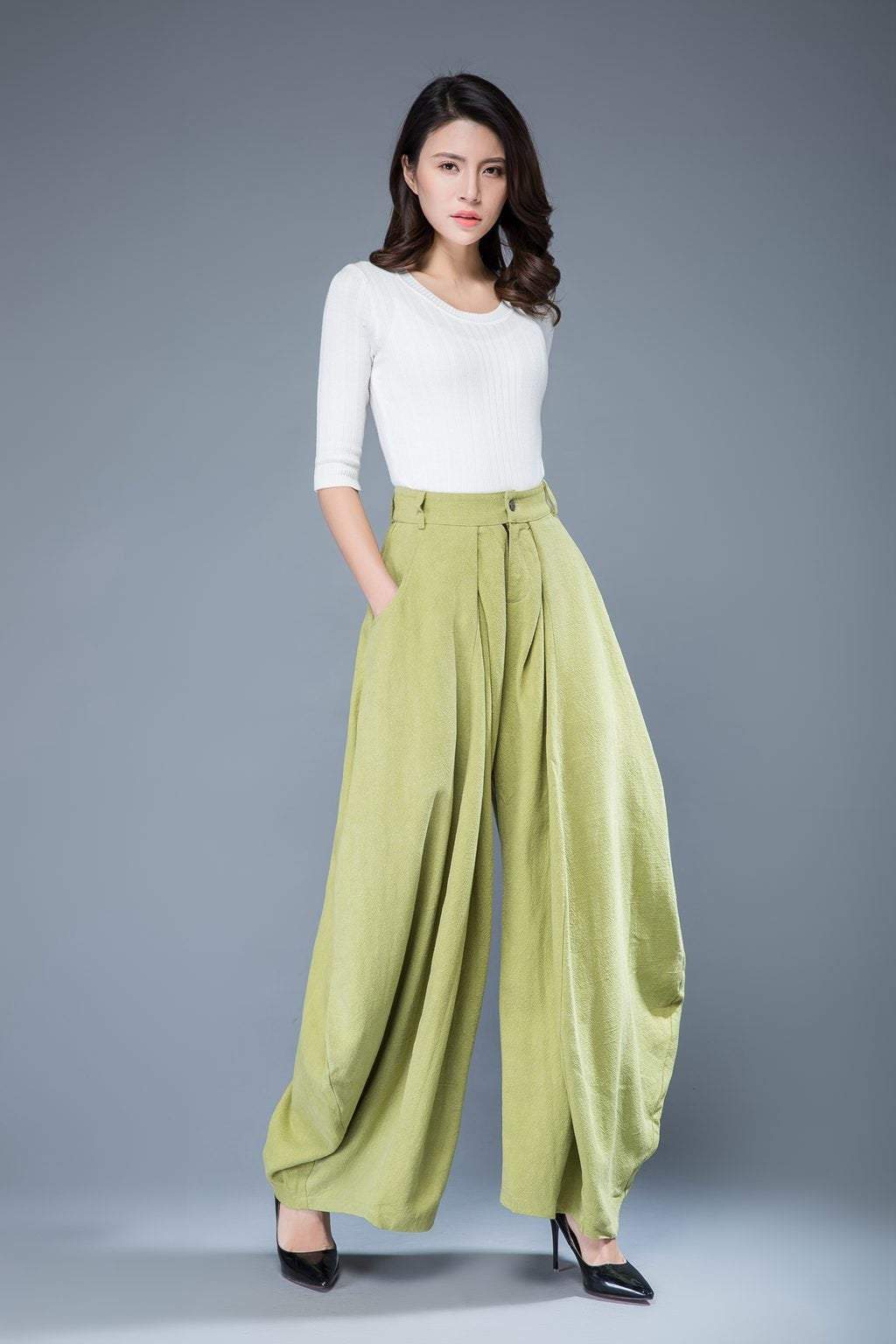 Lime green pants, loose fit pants, wide leg pants, womens pants, linen pants, loose linen pants, linen pants women, long linen pants C1052