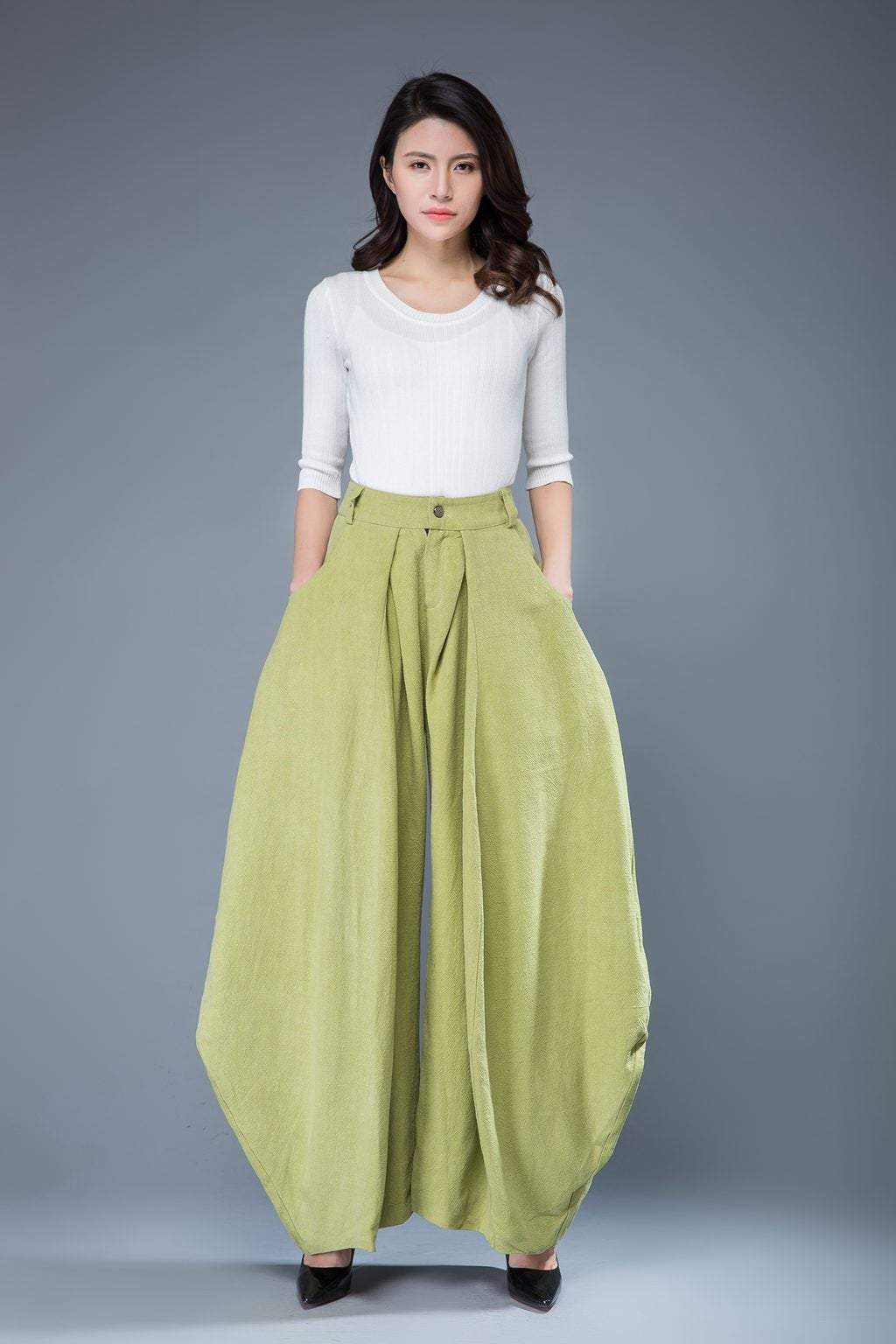 Lime green pants, loose fit pants, wide leg pants, womens pants, linen pants, loose linen pants, linen pants women, long linen pants C1052