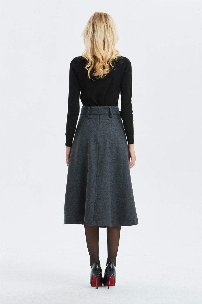 Gray skirt, Winter warm wool skirt - womens skirts with belt, midi skirt & pleated skirt, Gray wool skirt - skirt with pockets C1291
