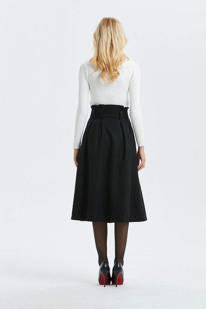 black wool skirt, high waist & midi skirt, pretty womens skirt - winter skirt with pockets, pleated skirt with belt - A line skirt C1297