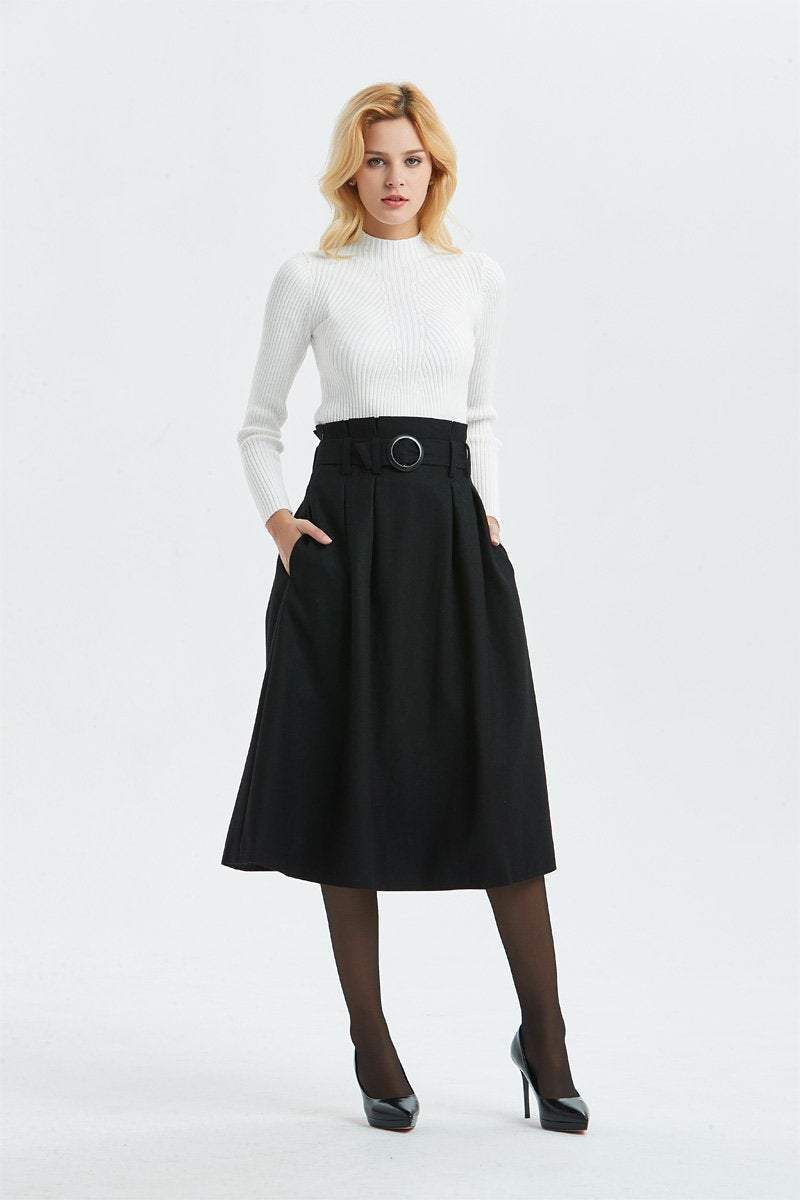 black wool skirt, high waist & midi skirt, pretty womens skirt - winter skirt with pockets, pleated skirt with belt - A line skirt C1297