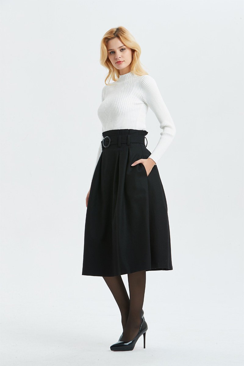 black wool skirt, high waist & midi skirt, pretty womens skirt - winter skirt with pockets, pleated skirt with belt - A line skirt C1297