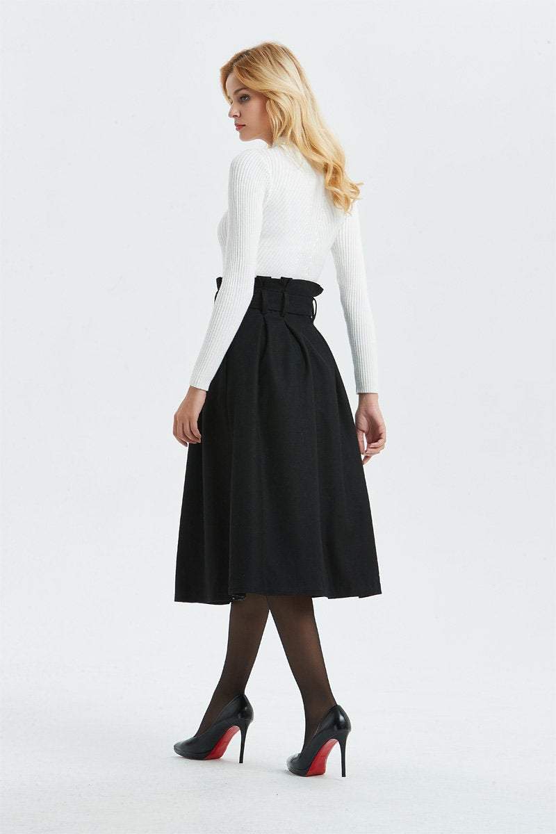 black wool skirt, high waist & midi skirt, pretty womens skirt - winter skirt with pockets, pleated skirt with belt - A line skirt C1297