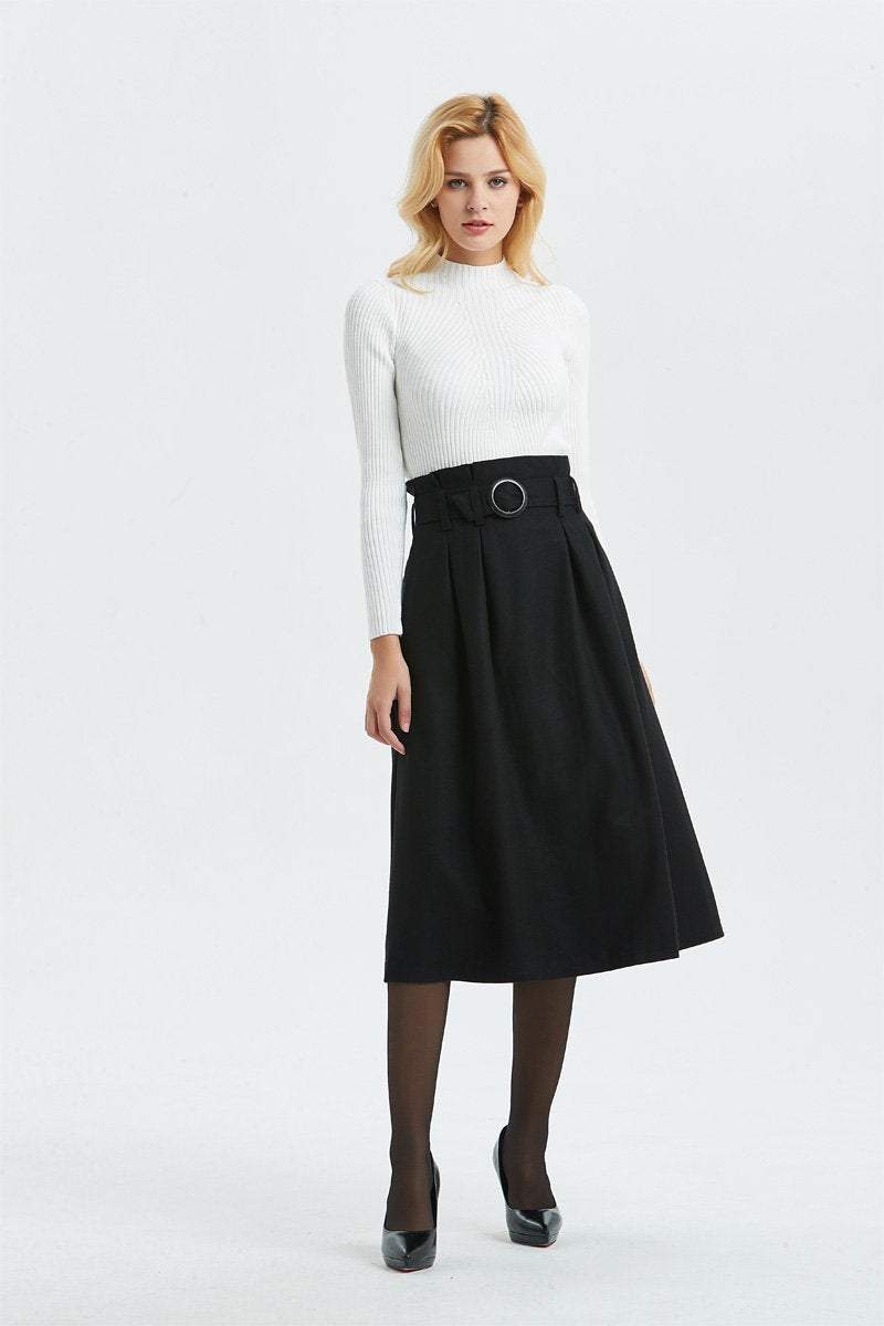 black wool skirt, high waist & midi skirt, pretty womens skirt - winter skirt with pockets, pleated skirt with belt - A line skirt C1297