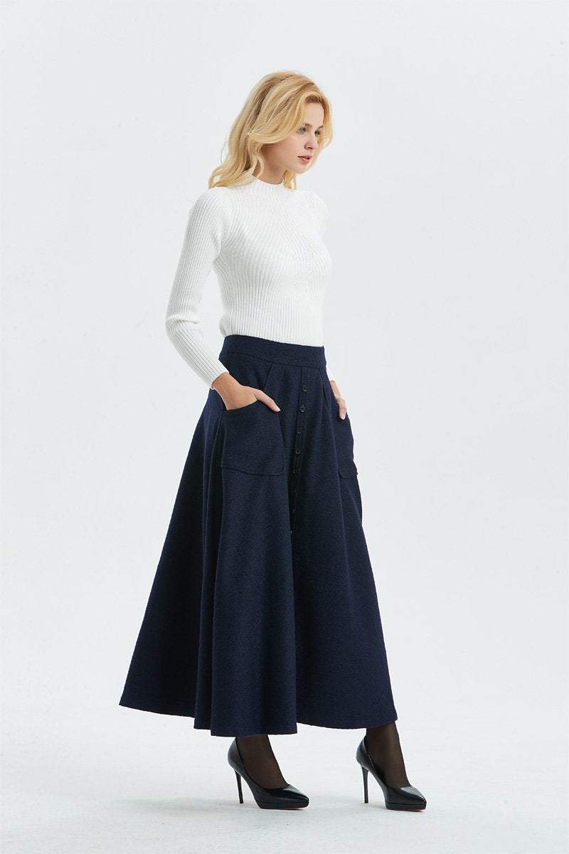 Elegant Navy A-Line wool maxi Skirt C1295