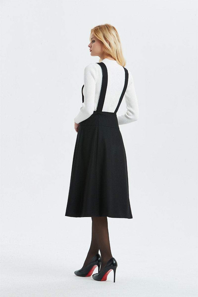 Suspender skirt, black wool skirt-skirt with adjustable straps, midi length skirt-buttons skirt, womens skirts-high waist skirt C1304