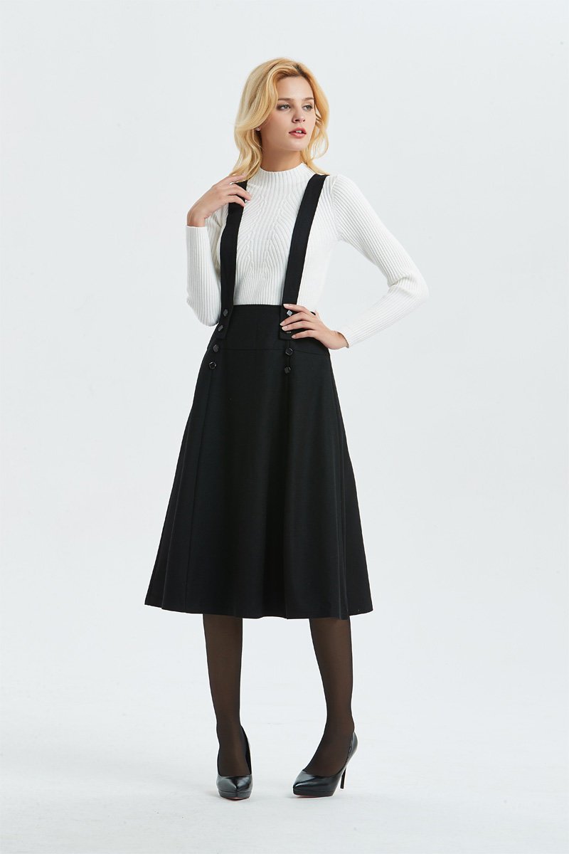 Suspender skirt, black wool skirt-skirt with adjustable straps, midi length skirt-buttons skirt, womens skirts-high waist skirt C1304