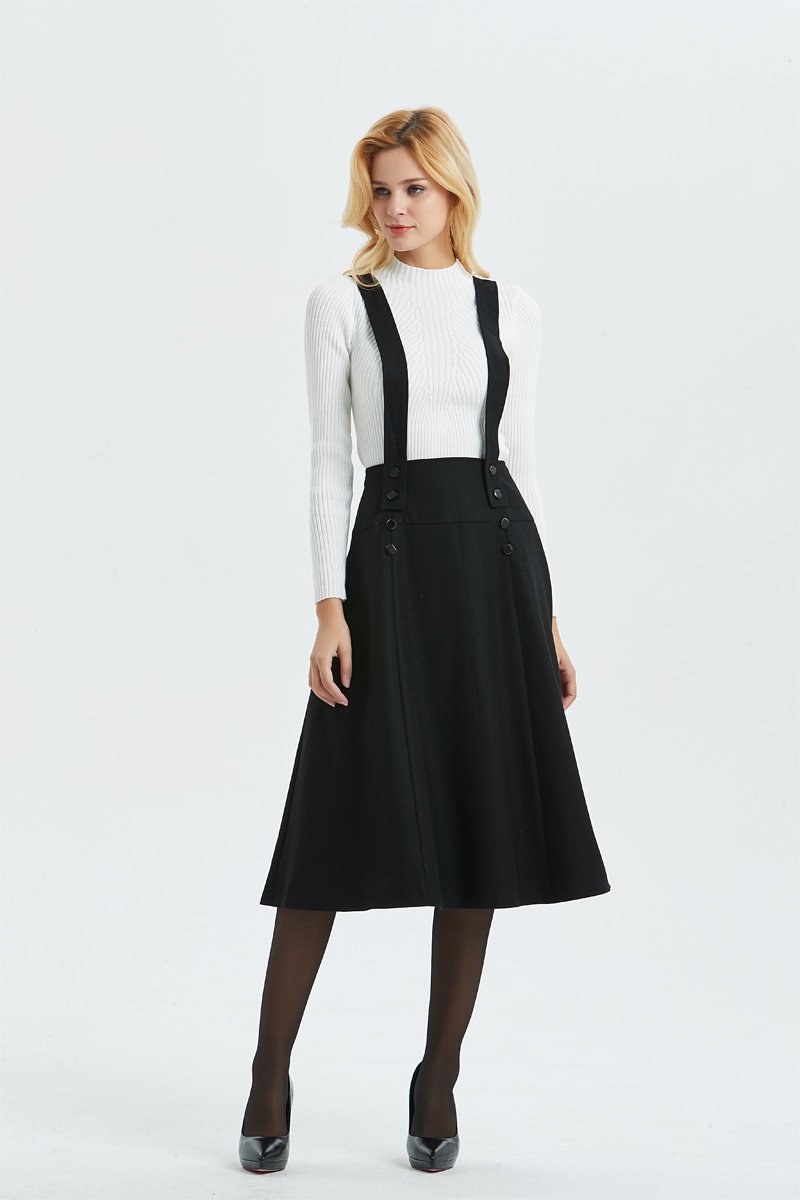 Suspender skirt, black wool skirt-skirt with adjustable straps, midi length skirt-buttons skirt, womens skirts-high waist skirt C1304