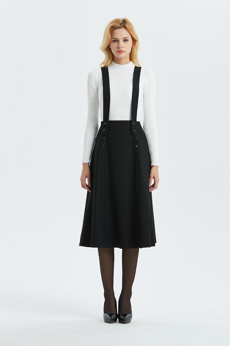 Suspender skirt, black wool skirt-skirt with adjustable straps, midi length skirt-buttons skirt, womens skirts-high waist skirt C1304