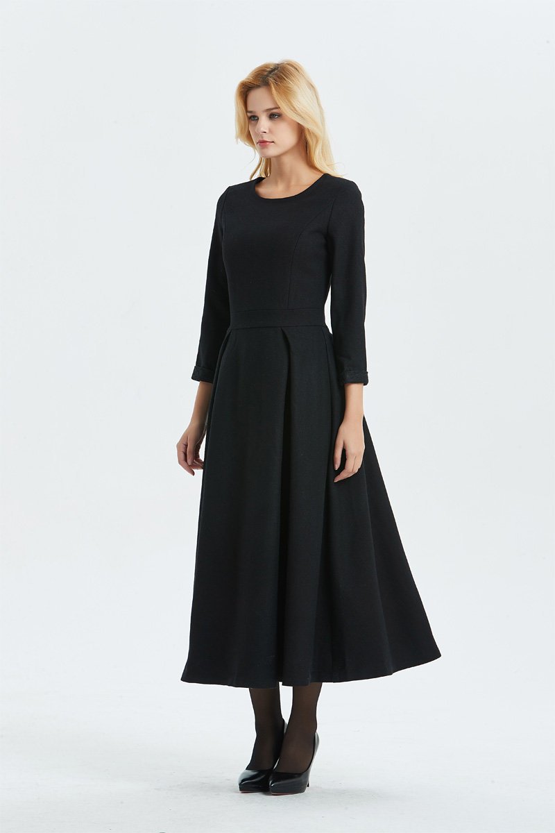 Black wool dress, Long wool dress, winter dress, womens dress, warm dress, handmade dress, black dress, fitted dress, pleated dressC1335
