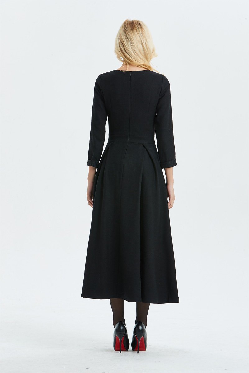 Black wool dress, Long wool dress, winter dress, womens dress, warm dress, handmade dress, black dress, fitted dress, pleated dressC1335