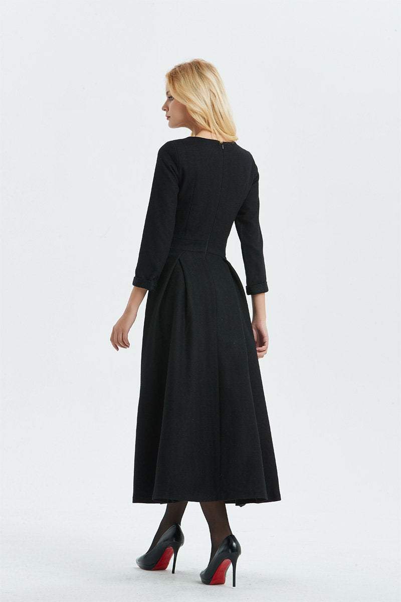 Black wool dress, Long wool dress, winter dress, womens dress, warm dress, handmade dress, black dress, fitted dress, pleated dressC1335
