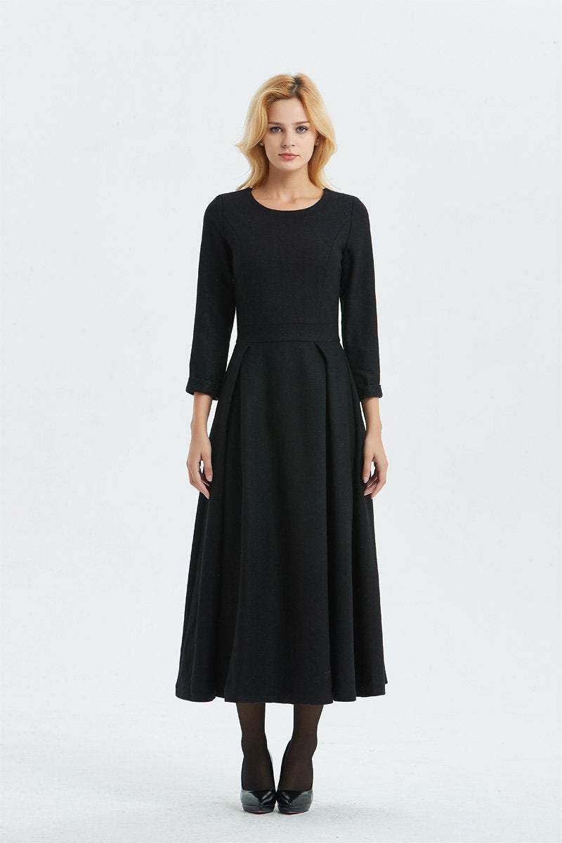 Black wool dress, Long wool dress, winter dress, womens dress, warm dress, handmade dress, black dress, fitted dress, pleated dressC1335