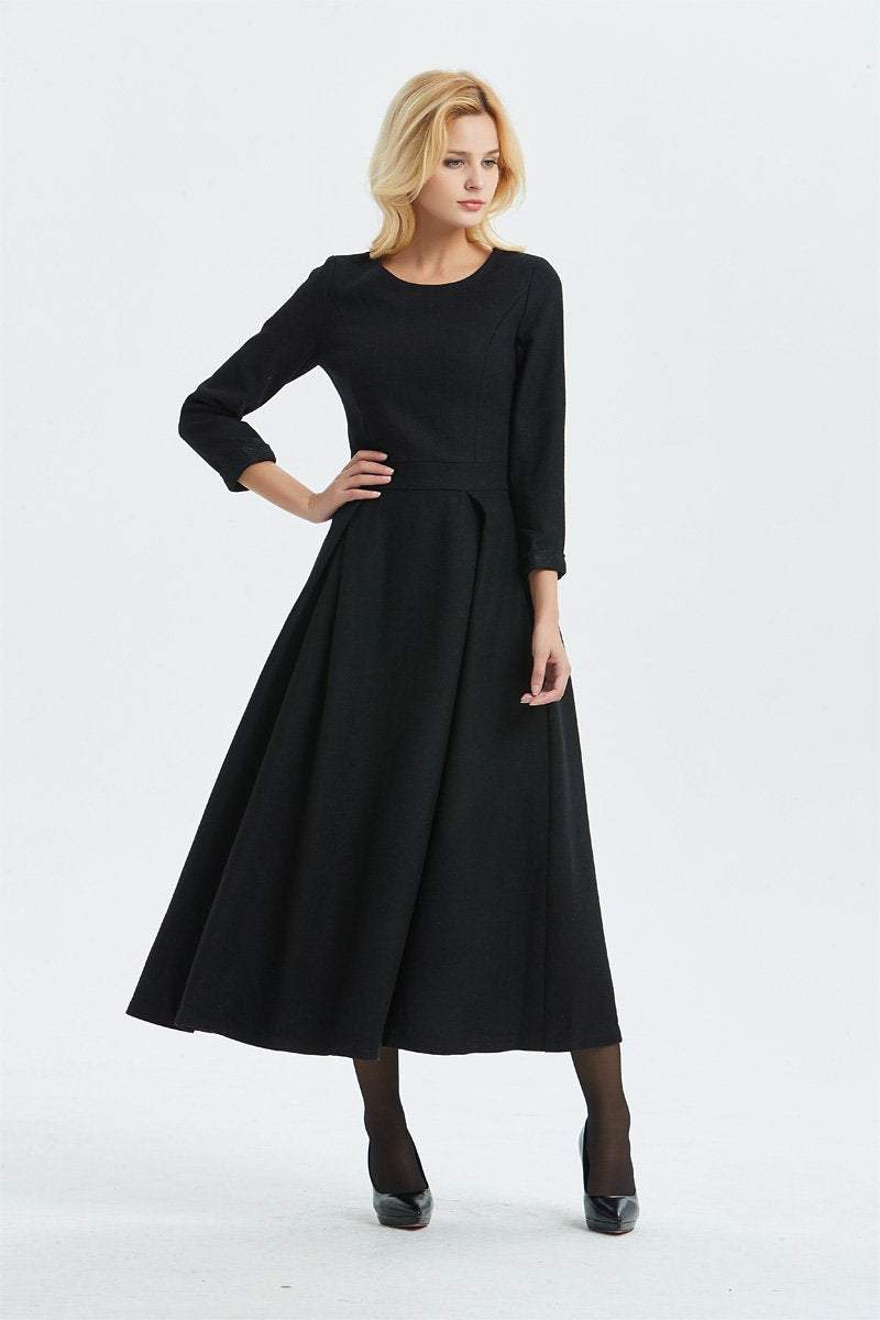 Black wool dress, Long wool dress, winter dress, womens dress, warm dress, handmade dress, black dress, fitted dress, pleated dressC1335