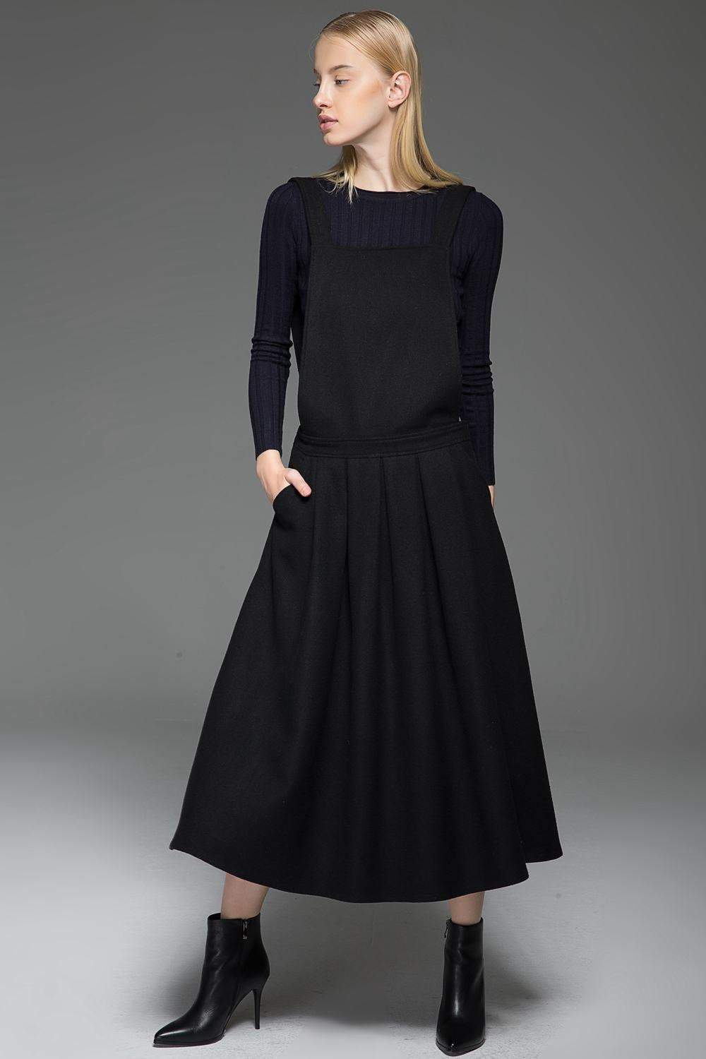 Black Dress, wool dress, Pinafore Wool Modern loose casual Midi Length Flared Skirt & Braces Straps Dress 2016 Fashion Season C777