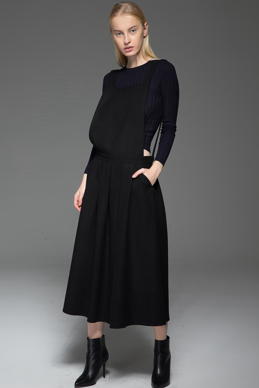 Black Dress, wool dress, Pinafore Wool Modern loose casual Midi Length Flared Skirt & Braces Straps Dress 2016 Fashion Season C777