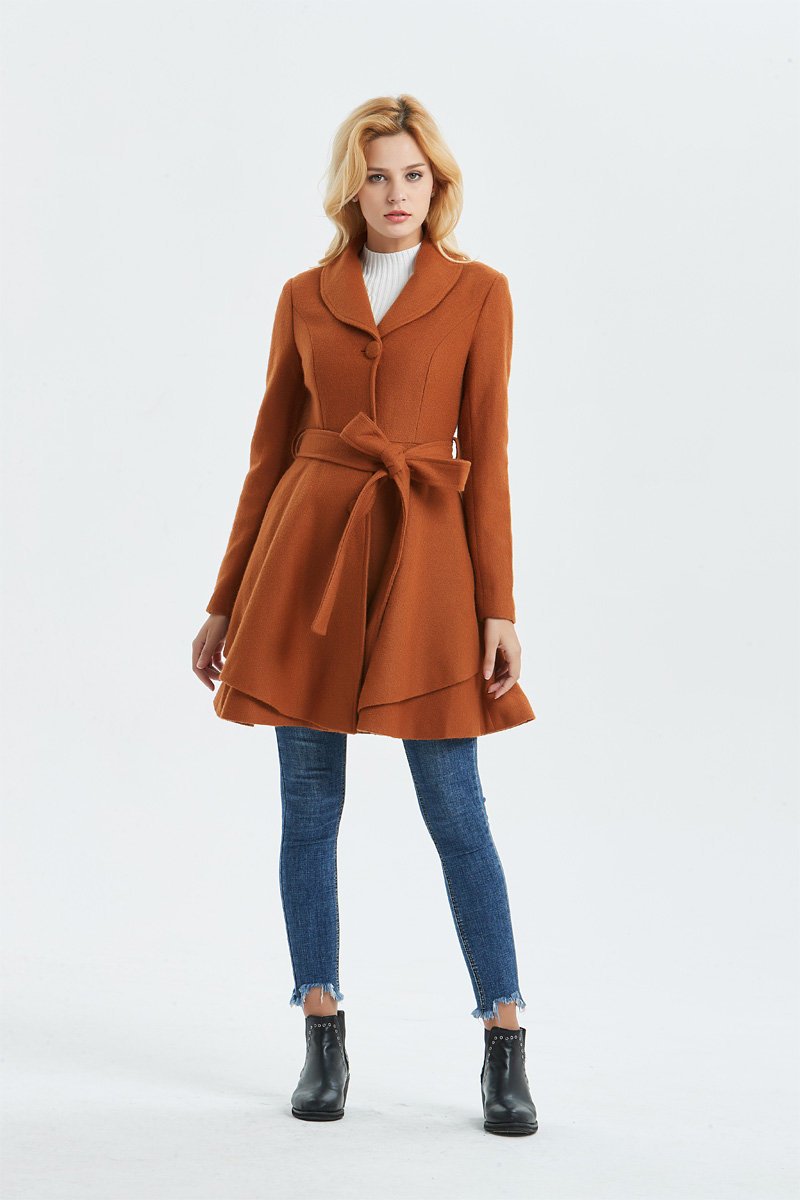 Brown wool coat, winter coat, womens coat, midi coat, princess coat, belted coat, coat with pocket, fashion coat, warm coat, cute coat C1326