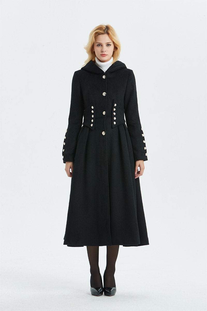 Military coat, black wool coat, long coat, hooded coat, womens coat, long black coat, warm coat, winter outerwear, handmade coat C1343