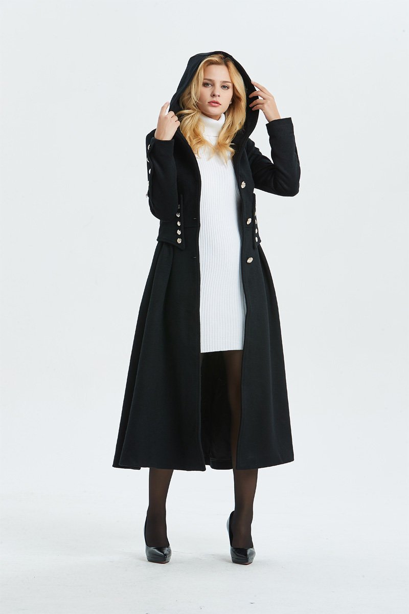 Military coat, black wool coat, long coat, hooded coat, womens coat, long black coat, warm coat, winter outerwear, handmade coat C1343