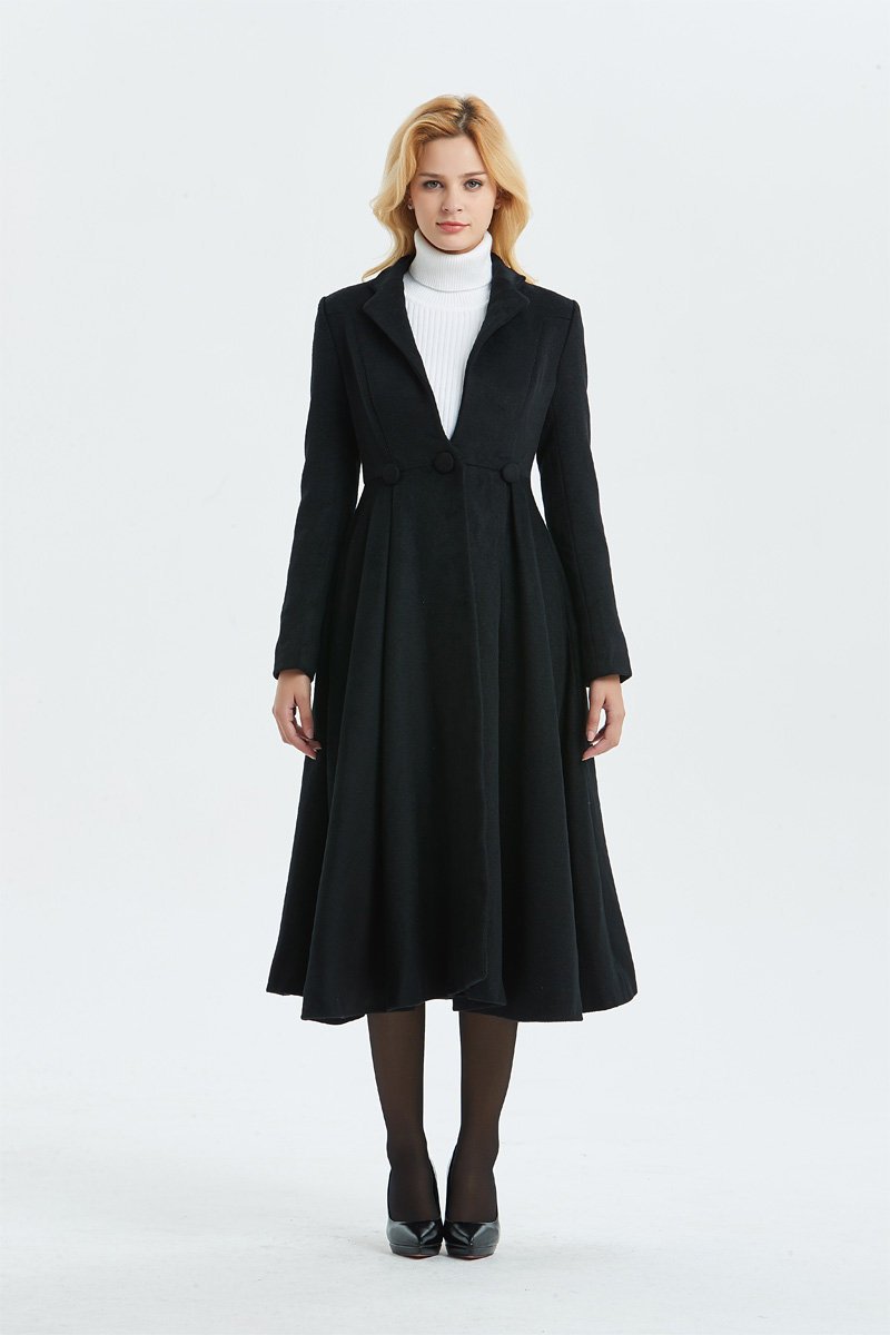 Long wool coat, black wool coat, fit and flare coat, cute coat, winter coat, womens coat, elegant coat, warm coat, custom coat C1338