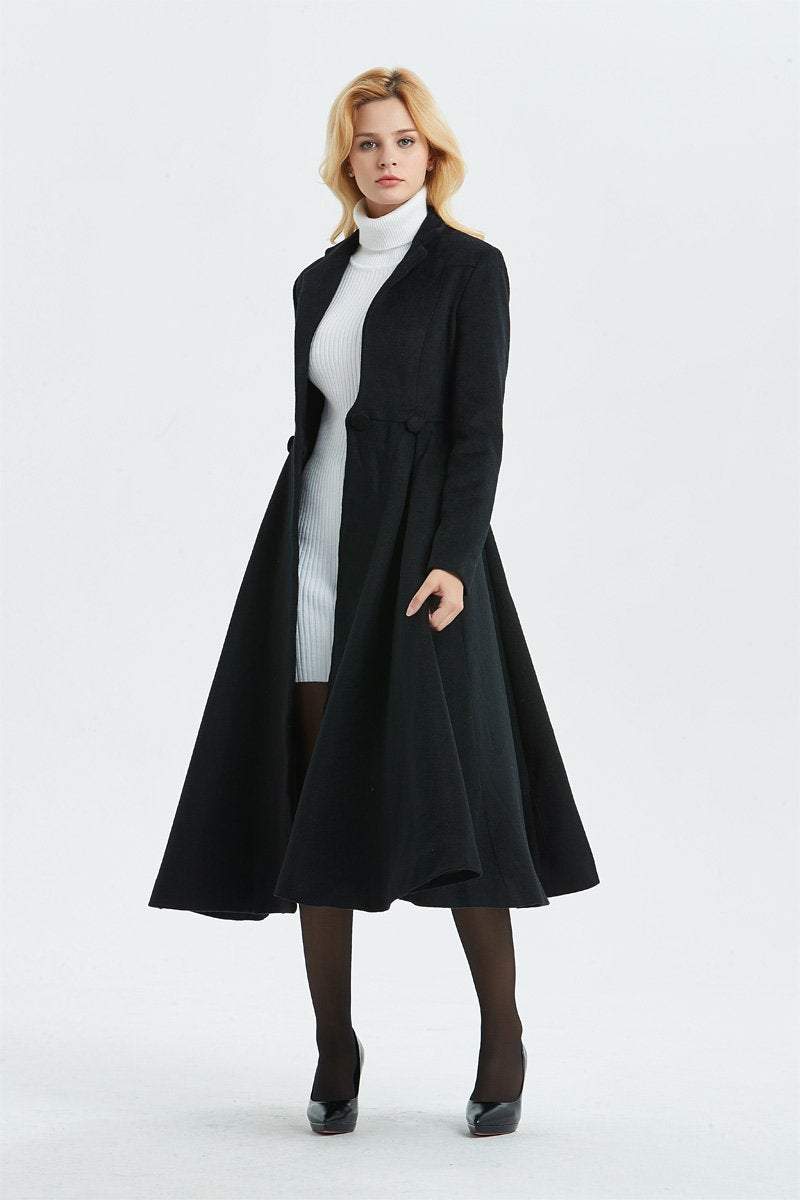 Long wool coat, black wool coat, fit and flare coat, cute coat, winter coat, womens coat, elegant coat, warm coat, custom coat C1338