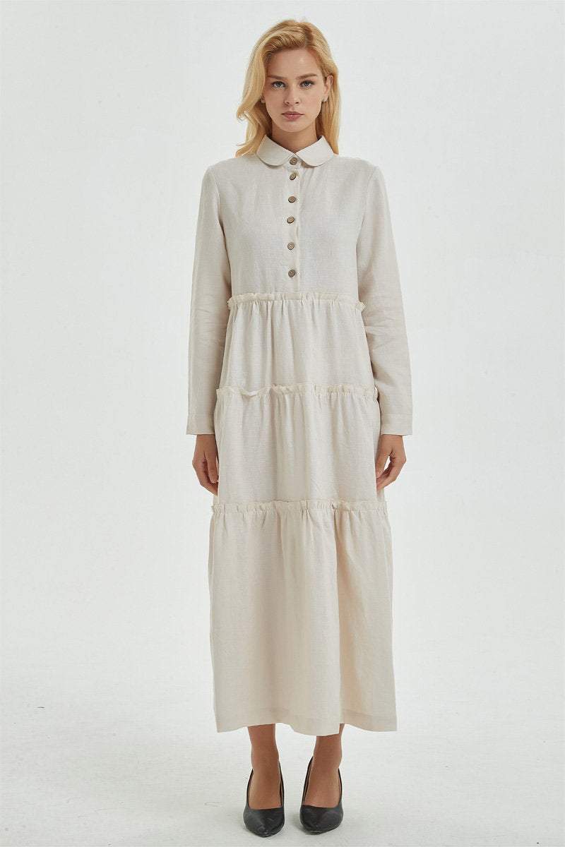 Beige linen dress with pockets, long dress with classic shirt collar & long sleeves, loose and casual dress, maxi retro dress for her C1274
