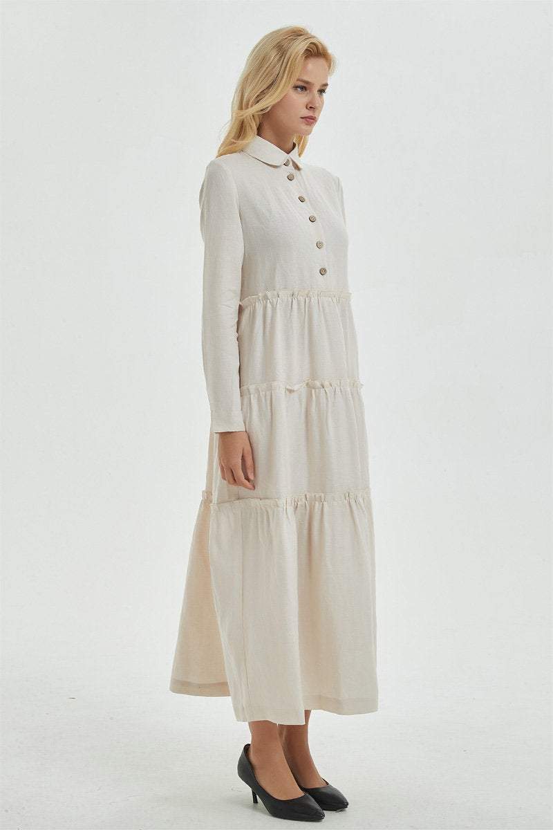 Beige linen dress with pockets, long dress with classic shirt collar & long sleeves, loose and casual dress, maxi retro dress for her C1274
