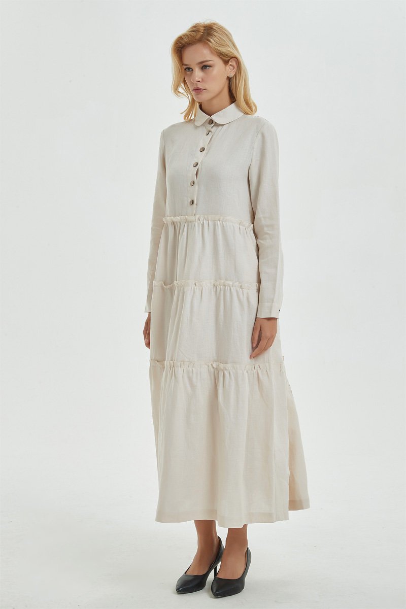 Beige linen dress with pockets, long dress with classic shirt collar & long sleeves, loose and casual dress, maxi retro dress for her C1274