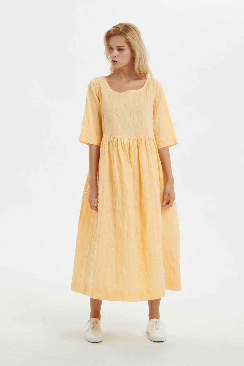 Yellow linen dress, midi womens dress for summer - dress for women, plus size linen dress with pockets, loose & casual pleated dress C1279