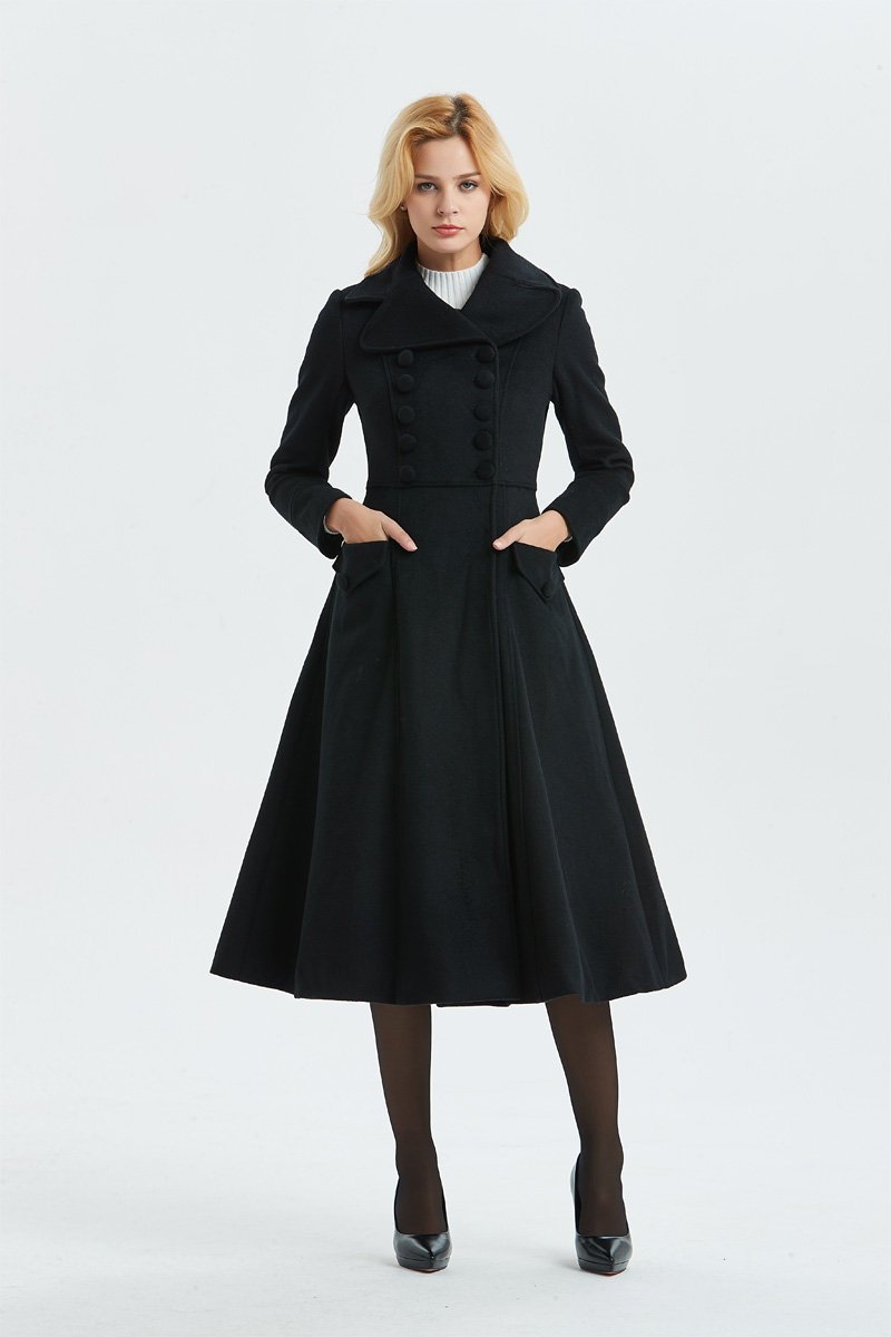 black wool coat, midi length coat for winter-women coat, vintage dress YLISTYLE black wool coat, midi length coat for winter-women coat, vintage dress YLISTYLE