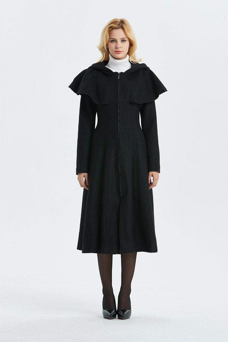 black wool coat, long black coat, warm coat, winter coat, womens black coat, hooded coat, coat with pockets, custom coat, vintage coat C1342