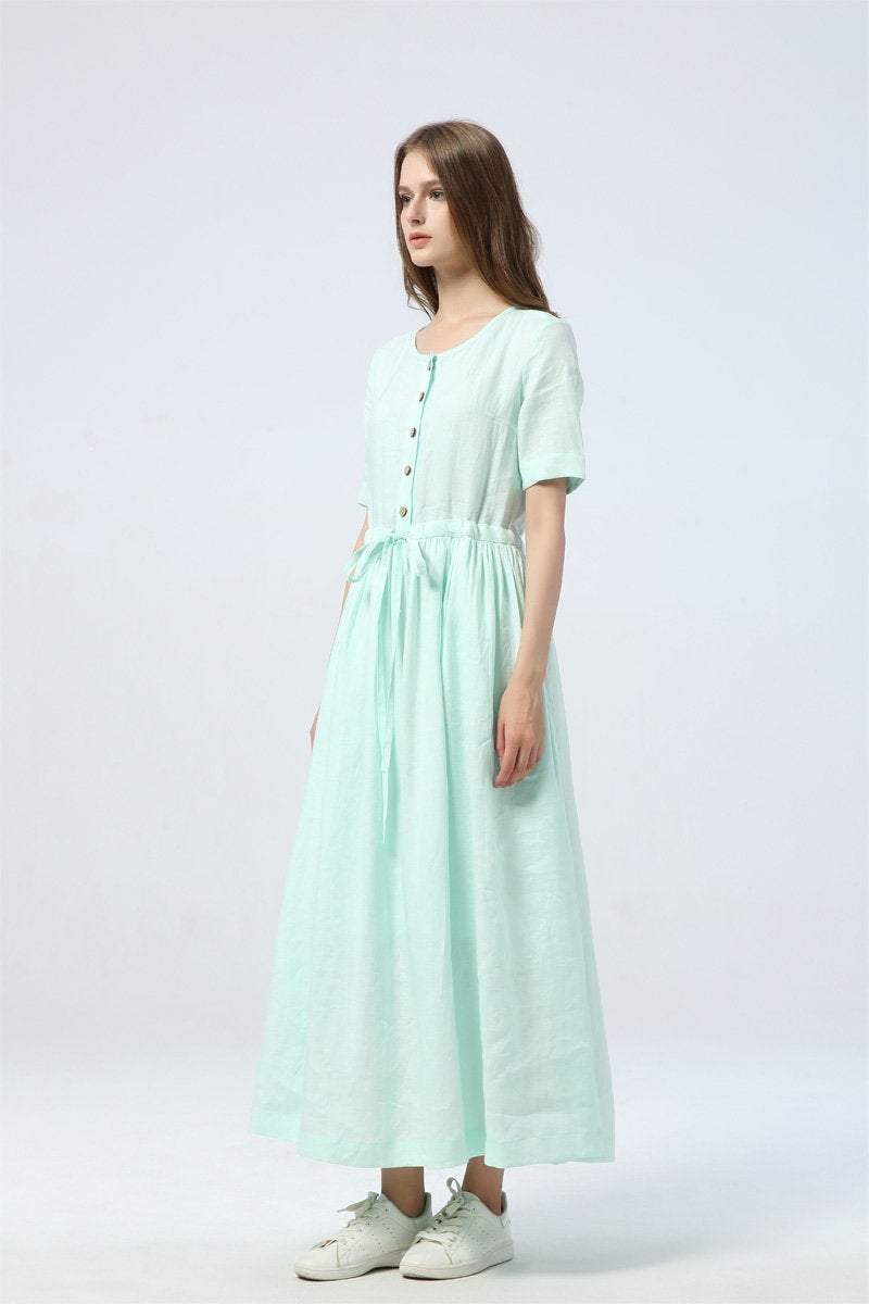 mint green dress, long linen dress for summer, drawstring skirt with buttons, women's dress with pockets - maxi dress & gift for her C1284