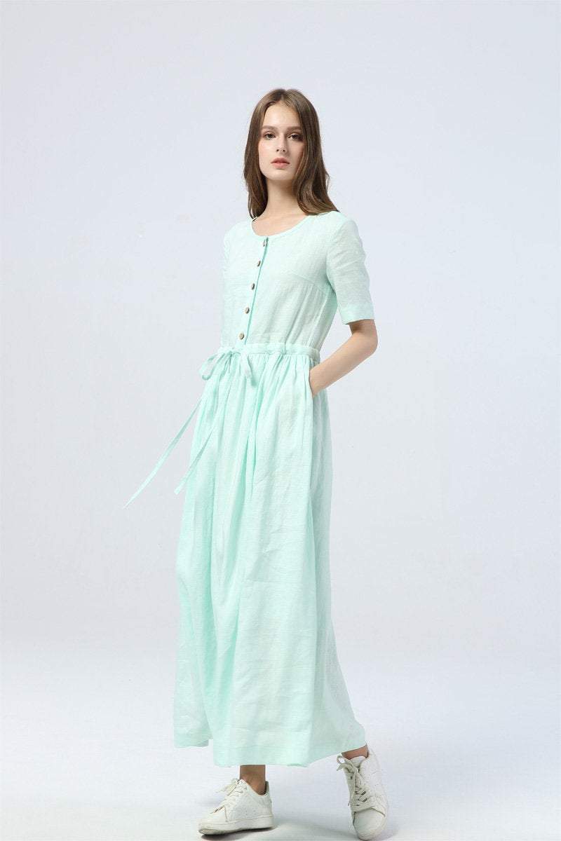 mint green dress, long linen dress for summer, drawstring skirt with buttons, women's dress with pockets - maxi dress & gift for her C1284