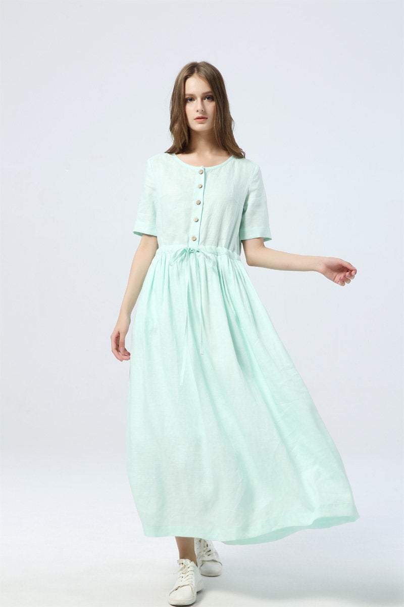 mint green dress, long linen dress for summer, drawstring skirt with buttons, women's dress with pockets - maxi dress & gift for her C1284