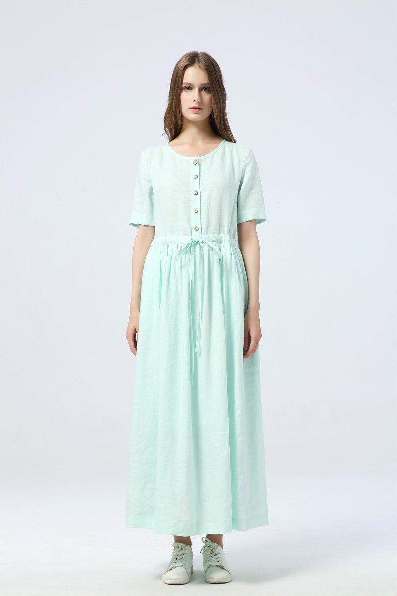 mint green dress, long linen dress for summer, drawstring skirt with buttons, women's dress with pockets - maxi dress & gift for her C1284